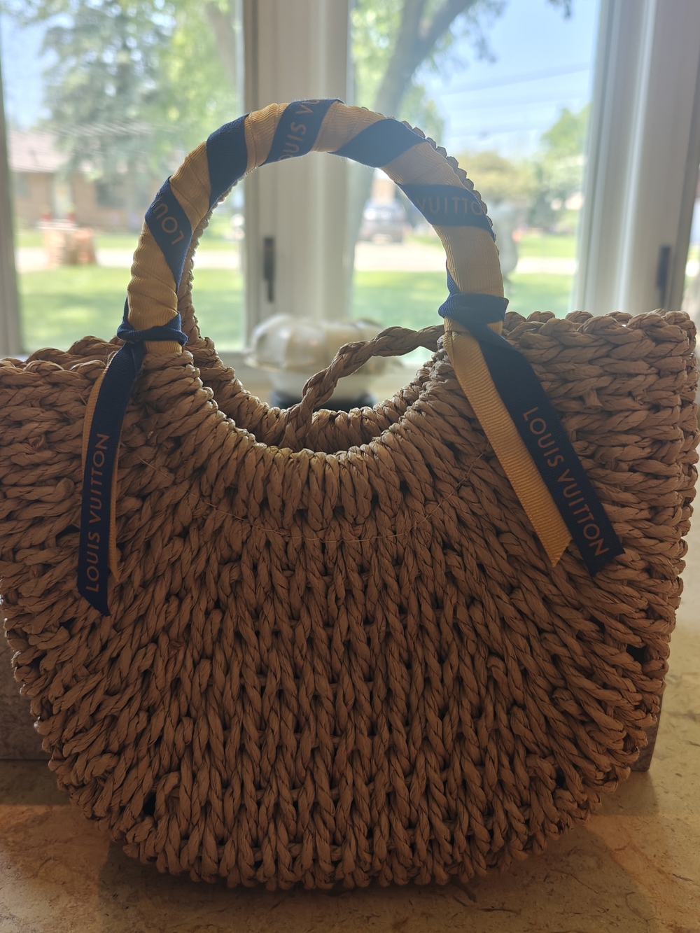 Tan Woven Straw Tote with Authentic Louis Vuitton Ribbon Wrapped Handle